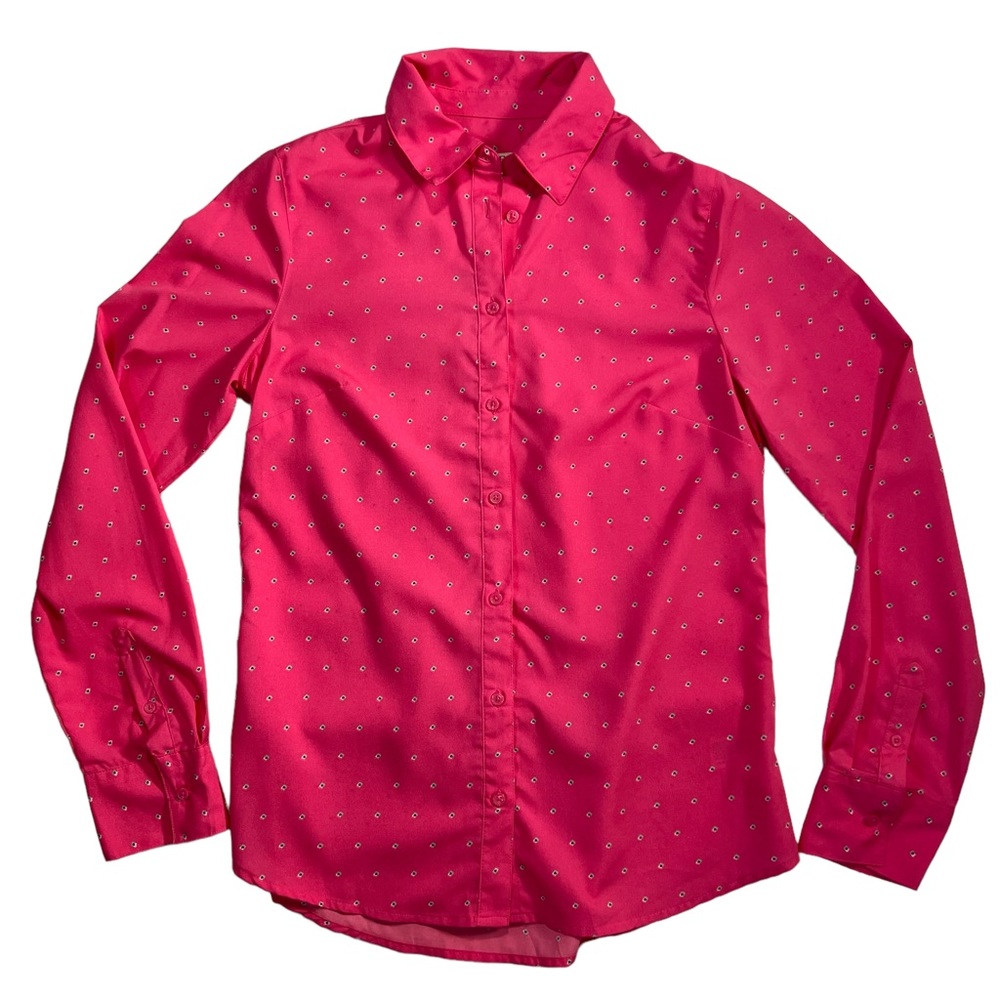 🖤 Merona Long Sleeve Button Up Collared Poka Dot Hot Pink Blouse